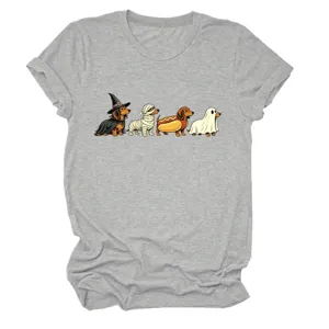 Cute dachshund Halloween graphic short sleeve grey t-shirt, casual crewneck top detail view.