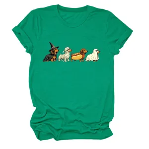 Detail shot of the green short sleeve tee featuring cute halloween dachshund dog print graphic.