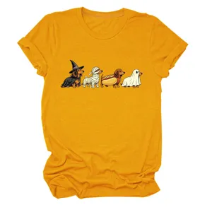 Cute Halloween Dachshund Dog Graphic Print Women Short Sleeve Casual Round Neck T-Shirt Top