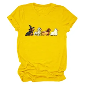 Cute funny dachshund Halloween ghost short sleeve t-shirt casual yellow crewneck women top