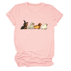 Cute Dachshund Halloween dog graphic print pink short sleeve women casual round neck t-shirt.