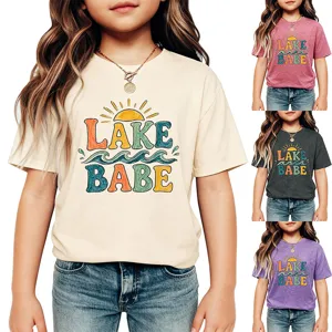 Kids short sleeve t-shirt with retro lake babe graphic sun wave print casual summer top