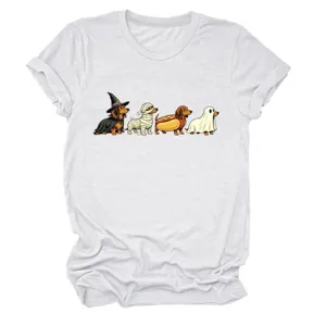 Detailed view of cute Halloween dachshund graphic printed on white short sleeve t-shirt.