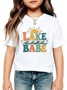 Kids white short sleeve t-shirt with cute lake babe graphic summer casual top apparel