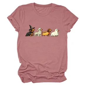 Cute dachshund Halloween graphic women t-shirt, casual short sleeve crew neck tee top.