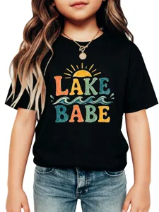 Kids summer short sleeve t-shirt featuring lake babe graphic print, comfortable casual wear.