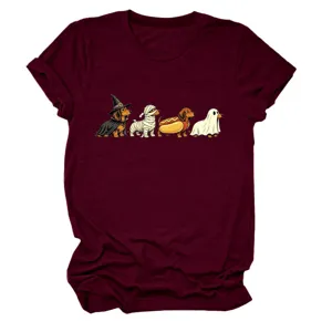 Cute Halloween dachshund graphic print detail on burgundy short sleeve crew neck women tshirt.