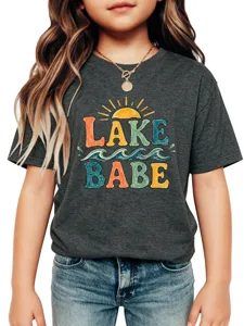 Kids dark gray short sleeve t-shirt featuring a fun lake babe summer graphic print design.