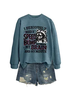 Damen lässiger langärmliger Pullover mit lustigem Motiv und Jeansshorts Herbst Outfit Set