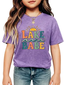Kids short sleeve t-shirt featuring lake babe graphic print, comfortable daily casual wear.