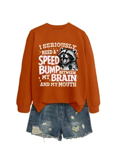 Oranger Damen Pullover mit lustigem Waschbär Grafik und Destroyed Jeansshorts Set.