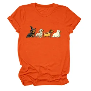 Cute halloween dachshund short sleeve crewneck t-shirt for women casual orange tee top