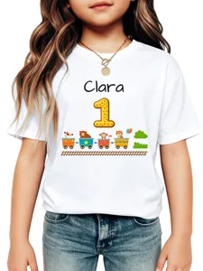 T-shirt bianca a maniche corte per bambini con stampa di trenino con animali.