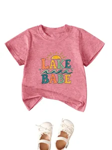 Cute infant toddler short sleeve t-shirt with lake babe graphic and matching shoes.