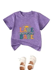 Kids purple short sleeve t-shirt with cute lake babe graphic, summer casual baby clothing top.