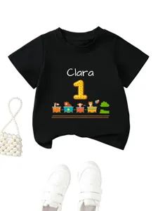 Maglietta nera per bambini manica corta con nome personalizzato Clara e trenino animali.