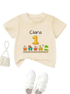 Dettagli della t-shirt a maniche corte con trenino per bambini e nome numero personalizzati.