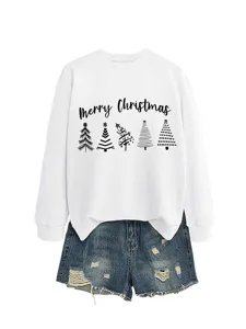 Women's white Christmas long sleeve sweatshirt with cute tree print casual winter top