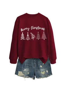 Women's Merry Christmas graphic long sleeve maroon sweatshirt paired with denim shorts detail.