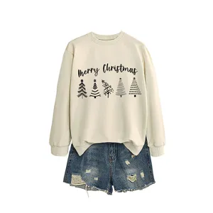 Women Merry Christmas printed crewneck sweatshirt with distressed denim shorts casual set.
