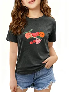 Close-up detail view of cute cartoon fruit print on soft dark gray children t-shirt.