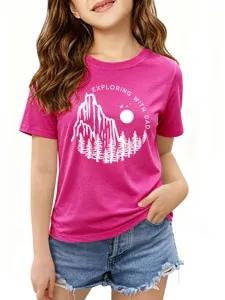 T-shirt manches courtes col rond enfant, t-shirt rose motif graphique exploration papa