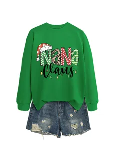 Women Christmas Nana Claus letter print long sleeve sweatshirt with denim shorts set outfit.