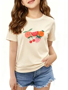 Cute kids short sleeve t-shirt with lovely cartoon fruit print, comfortable casual wear.