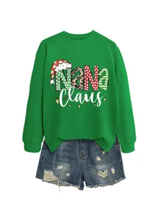Women green Christmas sweatshirt with Nana Claus print and denim shorts for holiday casual wear.
