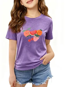 Kids purple short sleeve t-shirt with cute cartoon fruit graphic print casual top
