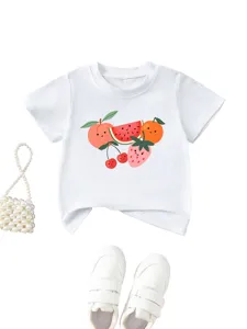 Detailed shot of cute kids t-shirt with lovely fruit graphic print for daily casual wear.