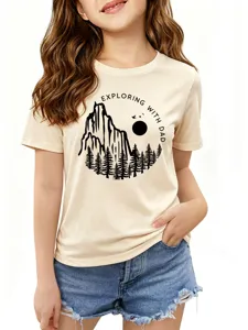 T-shirt manches courtes beige pour enfants avec impression graphique de montagne papa