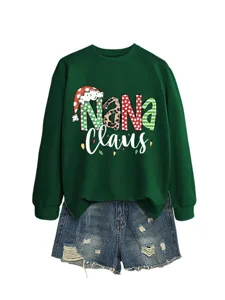 Women's Christmas Nana Claus graphic sweatshirt paired with distressed denim shorts for holiday.