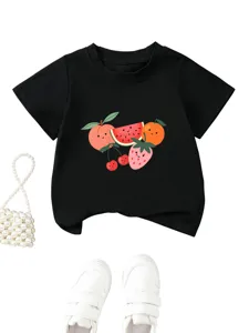 Cute cartoon fruit print children t-shirt detail, black short sleeve top with stylish matching items.