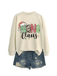 Christmas themed Nana Claus graphic print detail on cozy beige crewneck sweatshirt and shorts.
