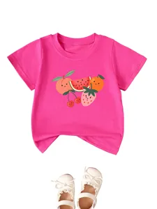Cute cartoon fruit print kids short sleeve t-shirt detail, bright pink round neck summer top.