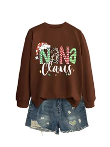 Brown sweatshirt detail featuring Nana Claus Christmas print, festive polka dot and leopard design.