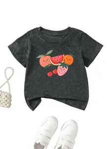 Close-up detail of cute cartoon fruit print on dark grey cotton kids short sleeve t-shirt.