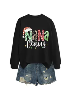 Women Christmas Nana Claus Letter Print Sweatshirt Long Sleeve Casual Holiday Pullover Top