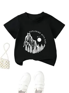 T-shirt noir à manches courtes pour enfants avec graphique d'exploration, haut décontracté