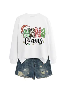 Women Christmas Nana Claus printed sweatshirt with denim shorts set casual fashion top