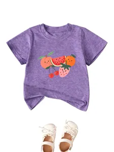 Cute cartoon fruit print purple baby t-shirt detail showing cute peach and strawberry graphic.