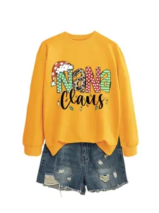Women christmas long sleeve sweatshirt with ripped denim shorts set, yellow casual pullover top