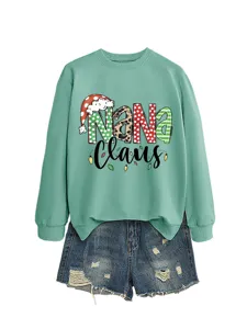 Women Christmas Nana Claus Print Sweatshirt and Denim Shorts Outfit Casual Holiday Top