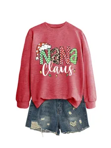 Christmas Nana Claus print long sleeve crewneck sweatshirt for women, cozy holiday top.