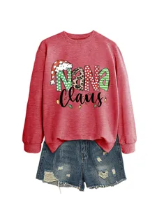 Women Christmas Nana Claus graphic sweatshirt with ripped denim shorts casual outfit set.