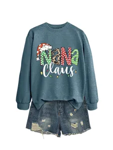 Women Christmas Nana Claus Graphic Sweatshirt Pullover with Denim Shorts Casual Outfit