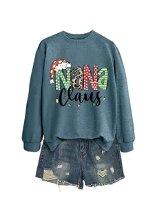 Women christmas long sleeve sweatshirt and denim shorts set casual holiday pullover outfit.