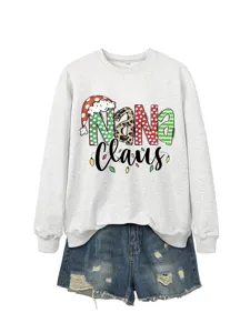 Christmas graphic sweatshirt for women featuring cute Nana Claus print and casual denim shorts set.