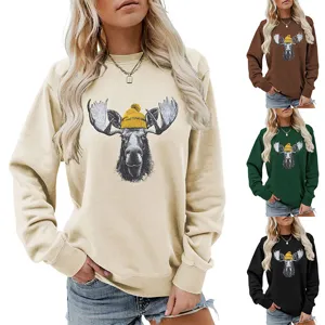 Sudadera mujer manga larga cuello redondo estampado alce moda otoño invierno casual parte